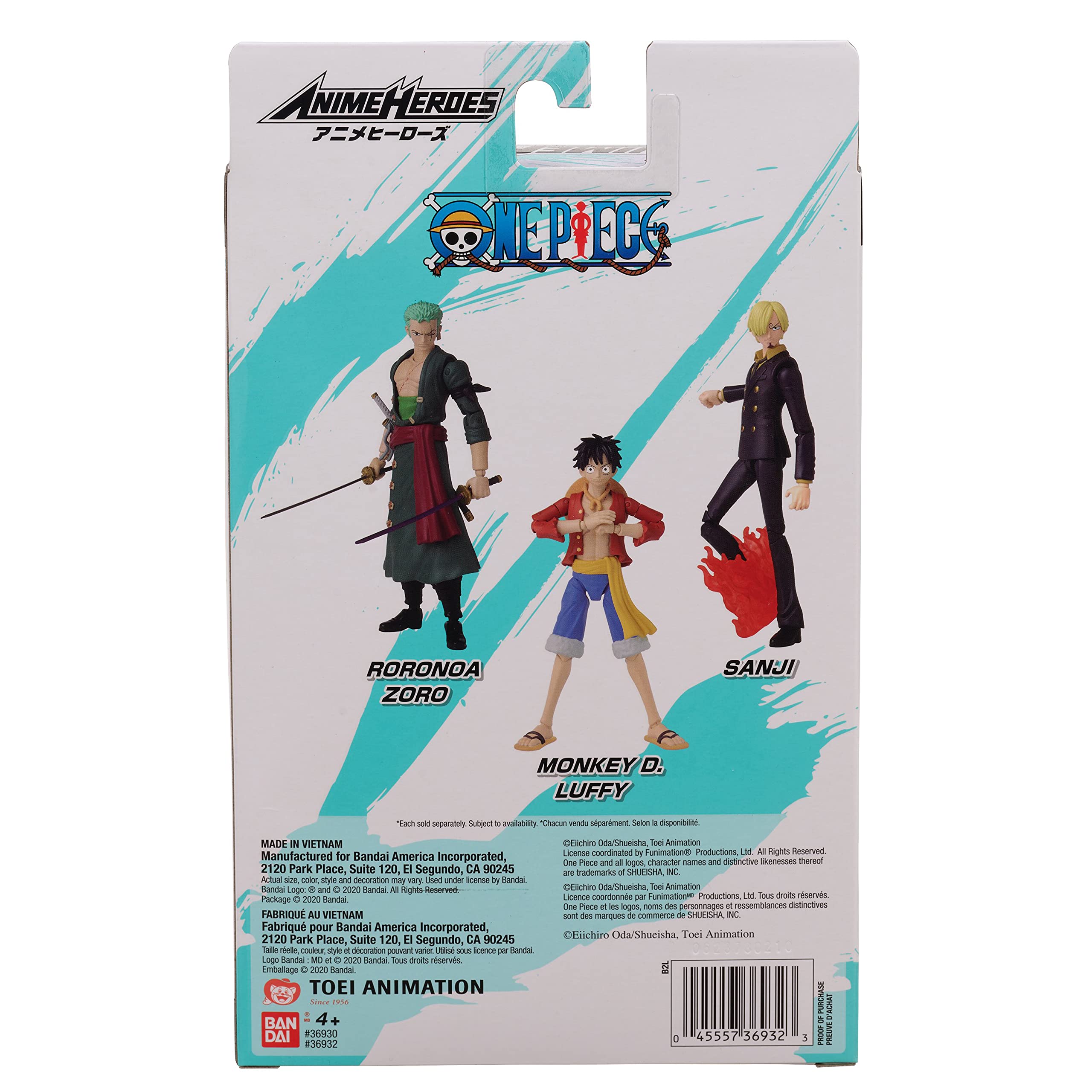 One Piece collectible figures featuring Zoro, Luffy, and Sanji in vibrant packaging, perfect for fans.