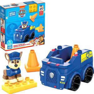 Paw Patrol Mega Bloks toy set features Chase, a blue police vehicle, and fun building accessories.