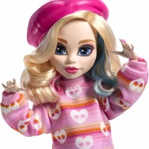 Colorful doll in oversized pink sweater and beret, featuring long hair and cheerful expression.