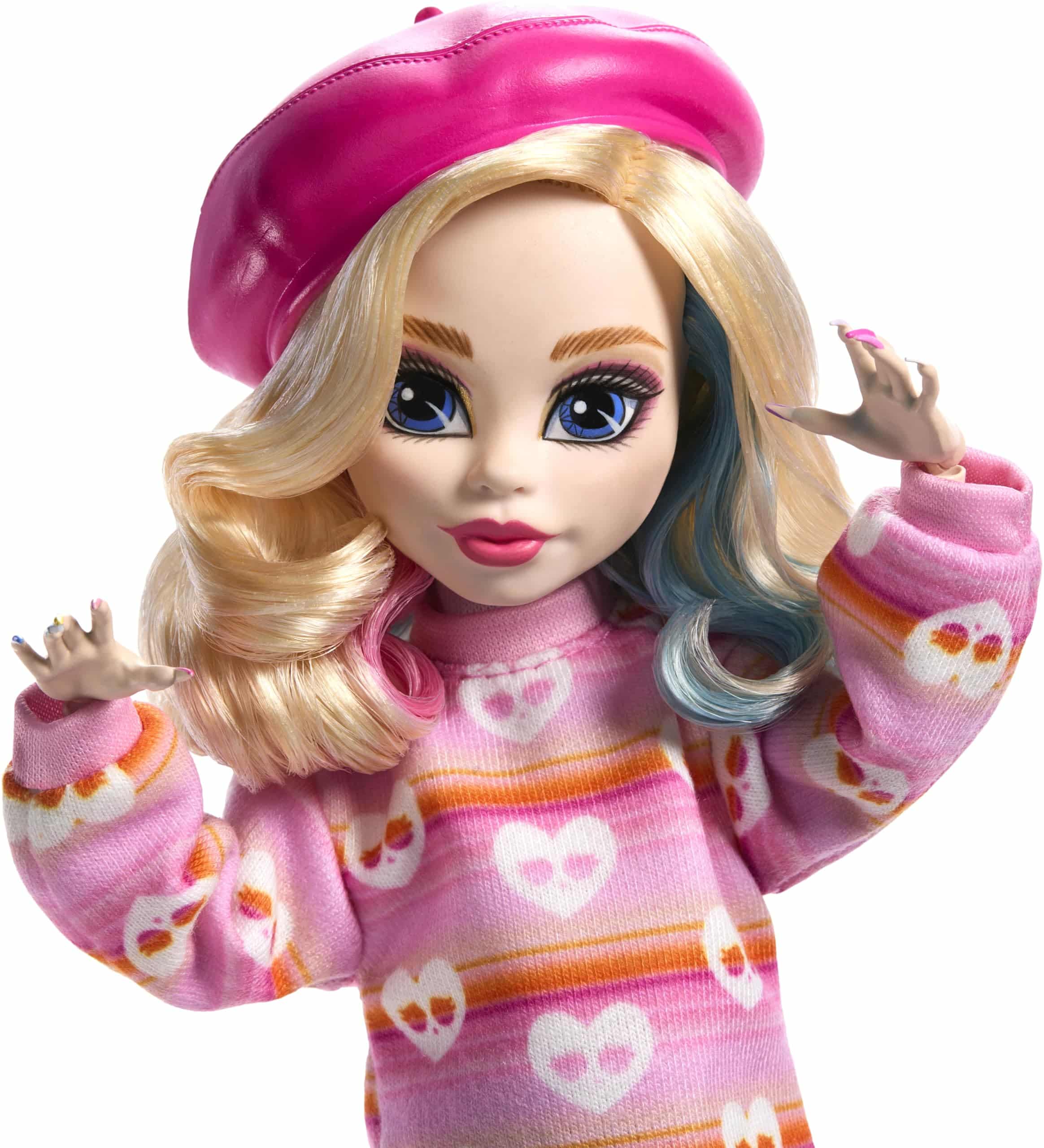 Colorful doll in oversized pink sweater and beret, featuring long hair and cheerful expression.