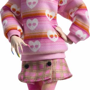 Trendy doll outfit: pink heart sweater and plaid mini skirt exuding playful charm.