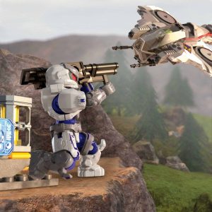Robotic figure and missile launch prepare for battle in a vibrant Lego universe.