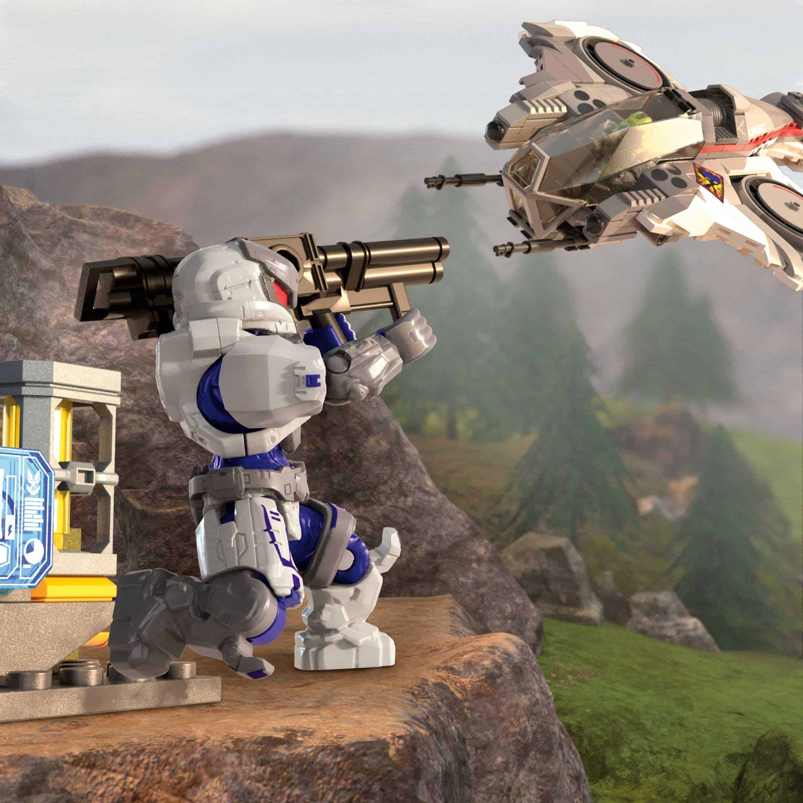 Robotic figure and missile launch prepare for battle in a vibrant Lego universe.