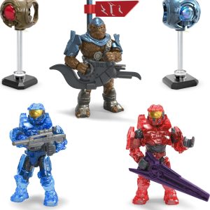 Dynamic sci-fi action figures ready for battle in a vivid adventure scene.