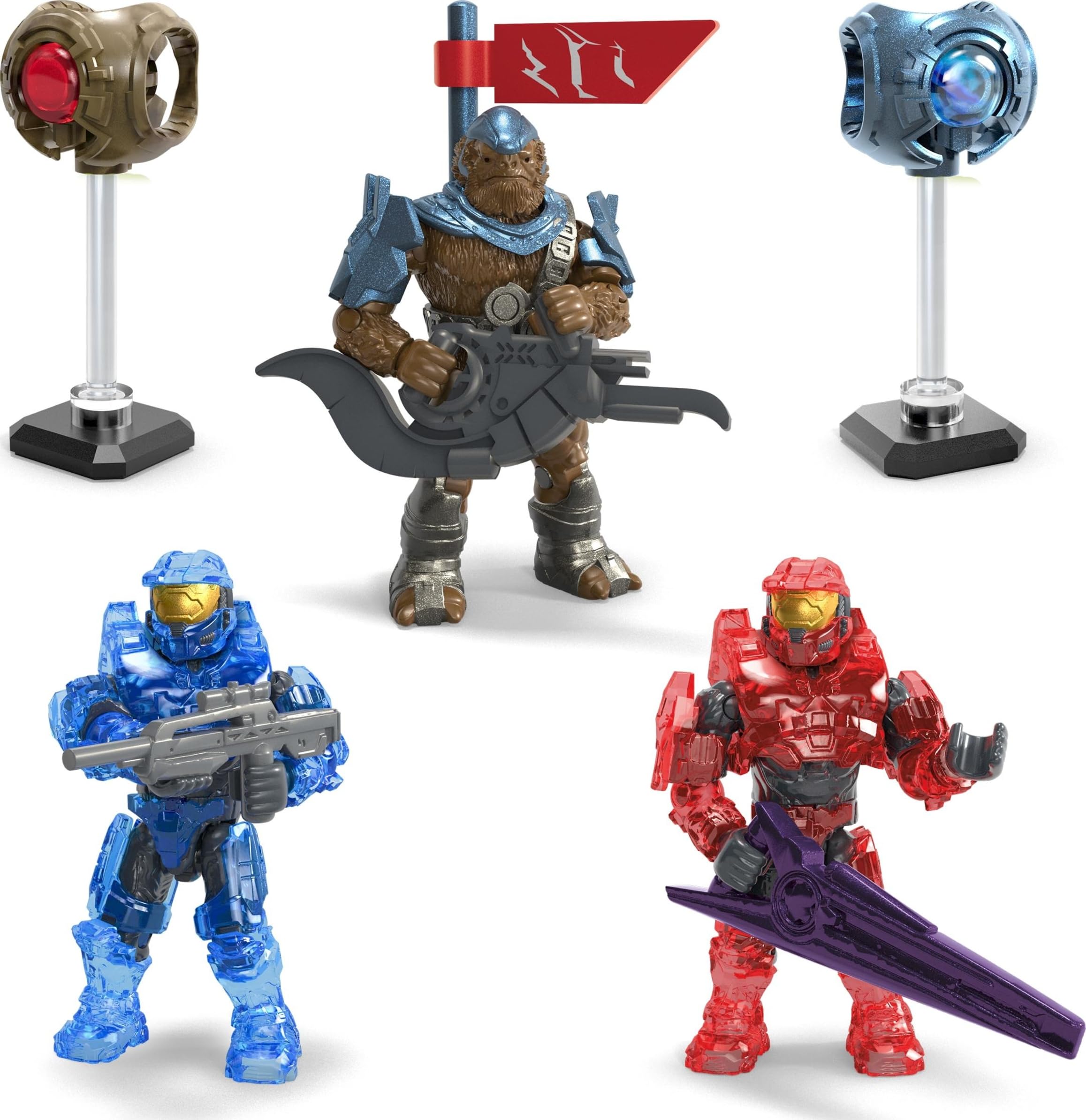 Dynamic sci-fi action figures ready for battle in a vivid adventure scene.