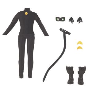 Feline stealth costume with accessories for cosplay: bodysuit, gloves, ears, and whip.