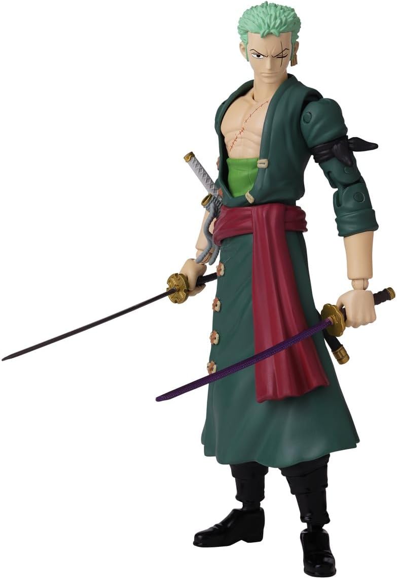 Anime-inspired swordsman action figure in green coat, ready for battle with dual swords.
