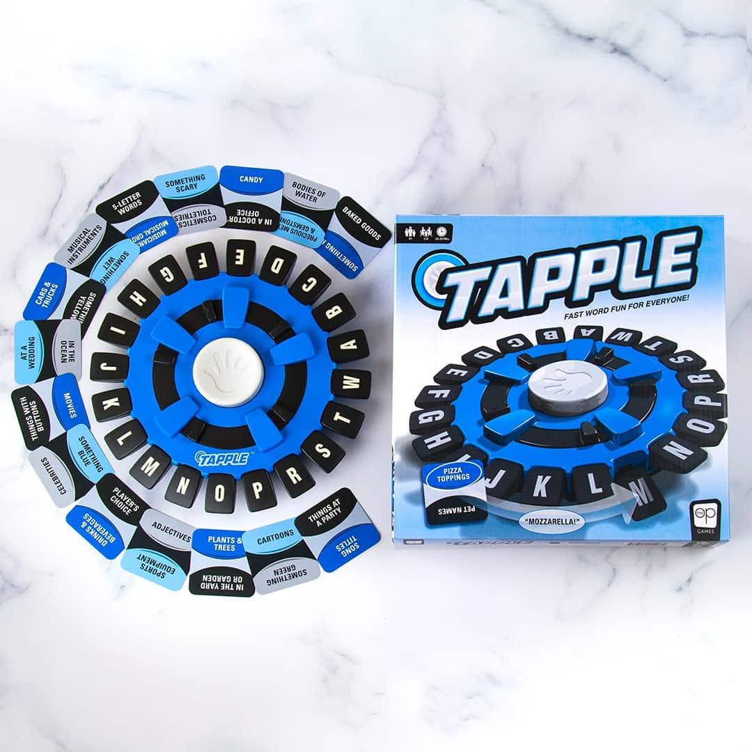 Engaging TAPPLE board game with vibrant letters and central button for fast-paced group fun.