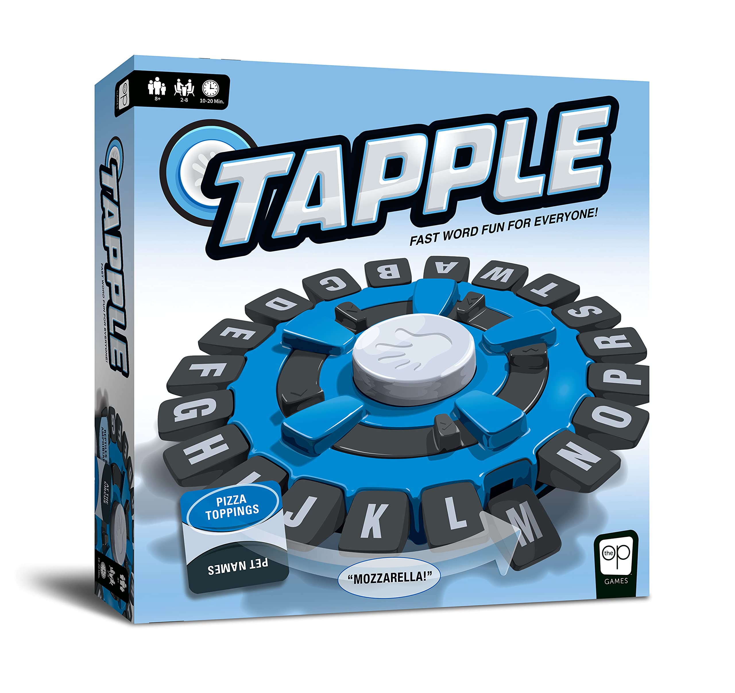 Vibrant TAPPLE game box featuring A-Z buttons for fast-paced family fun and competition.