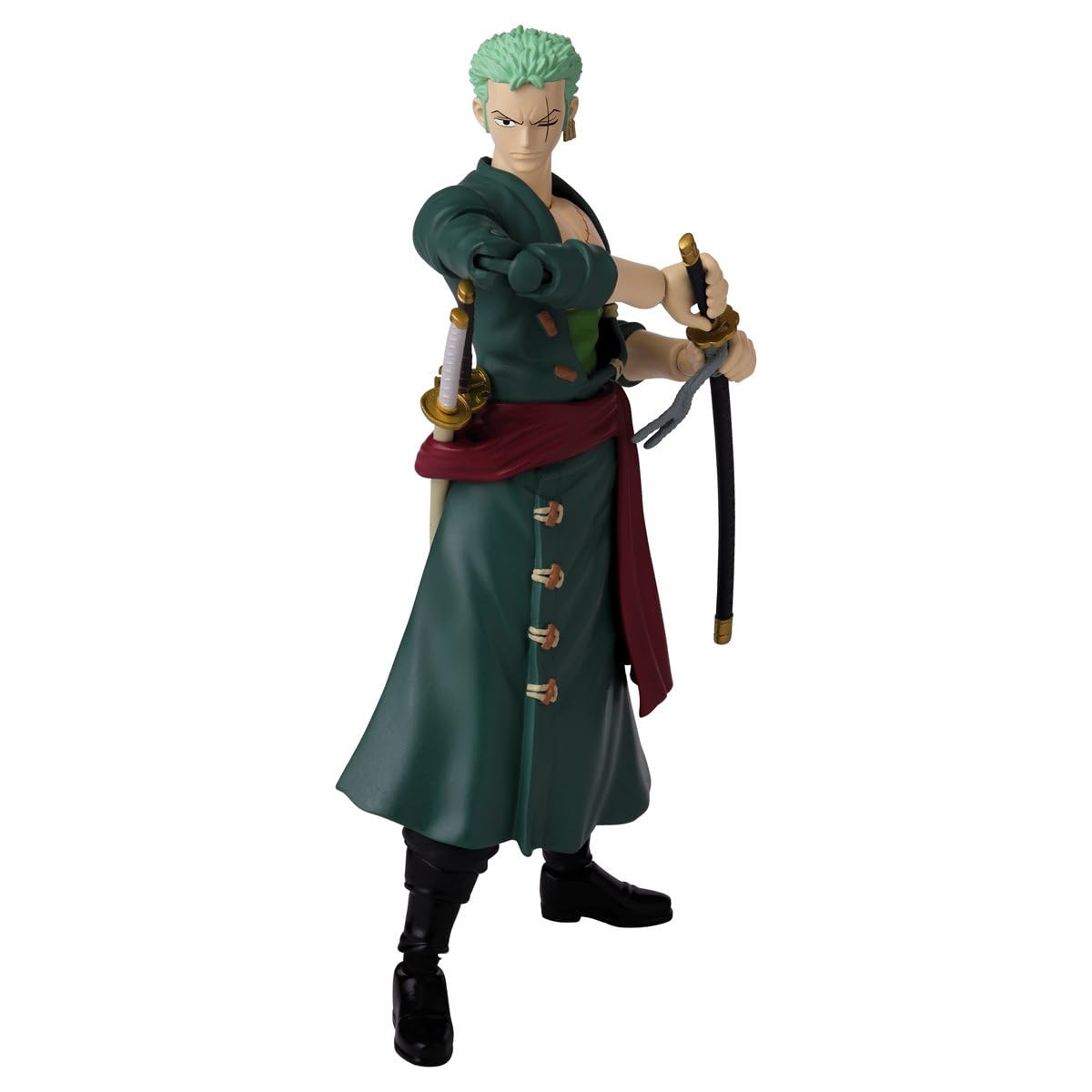 Dynamic warrior figurine with green hair, elegant coat, and multiple swords ready for battle.