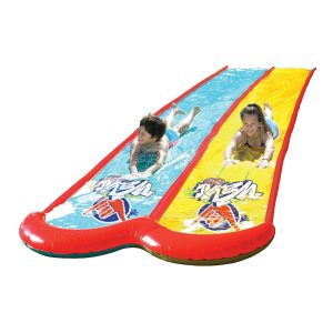 Children joyfully sliding down a colorful water slide, embodying summer fun and adventure.