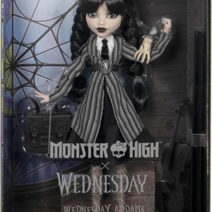 Wednesday Addams Monster High doll in striped outfit, featuring spiderweb-themed packaging and gothic style.