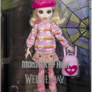 Wednesday Fashion Doll from Monster High in vibrant outfit with playful accessories in whimsical packaging.