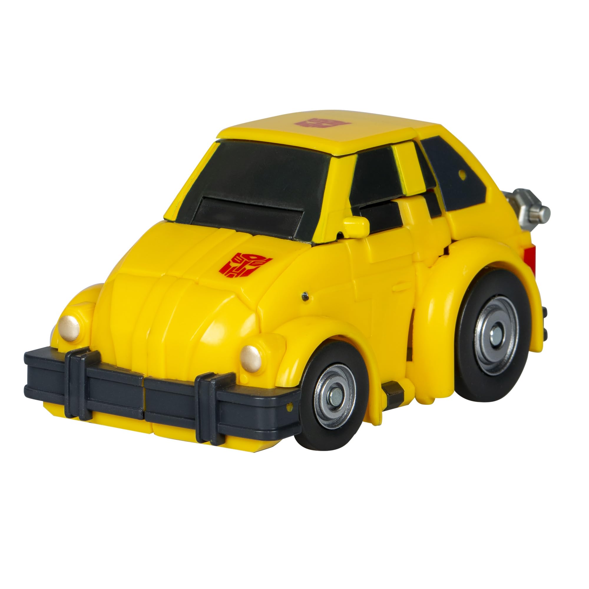 Vibrant yellow transforming car toy with detailed design, perfect for imaginative play and collectors.