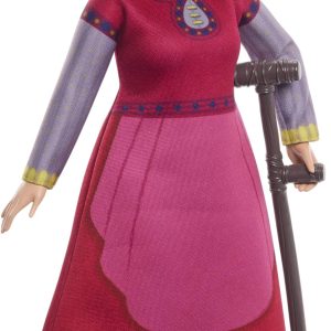 Whimsical young woman figurine in vibrant red dress with golden headband and playful staff.