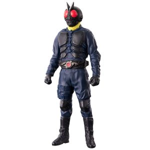 Dynamic navy blue tokusatsu action figure with insect helmet and vibrant red eyes.