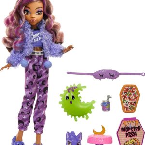 Whimsical doll in purple jacket with fun accessories, including a green creature and pizza card.