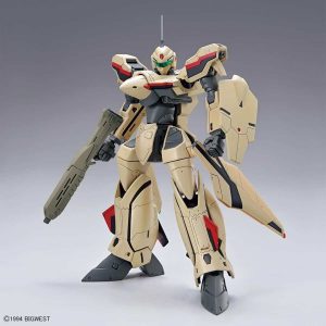 Sleek beige and red futuristic mecha model, featuring advanced design and articulated weaponry.