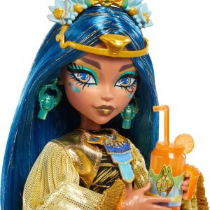 Regal blue-haired doll in golden gown sipping orange drink, merging elegance with playful charm.