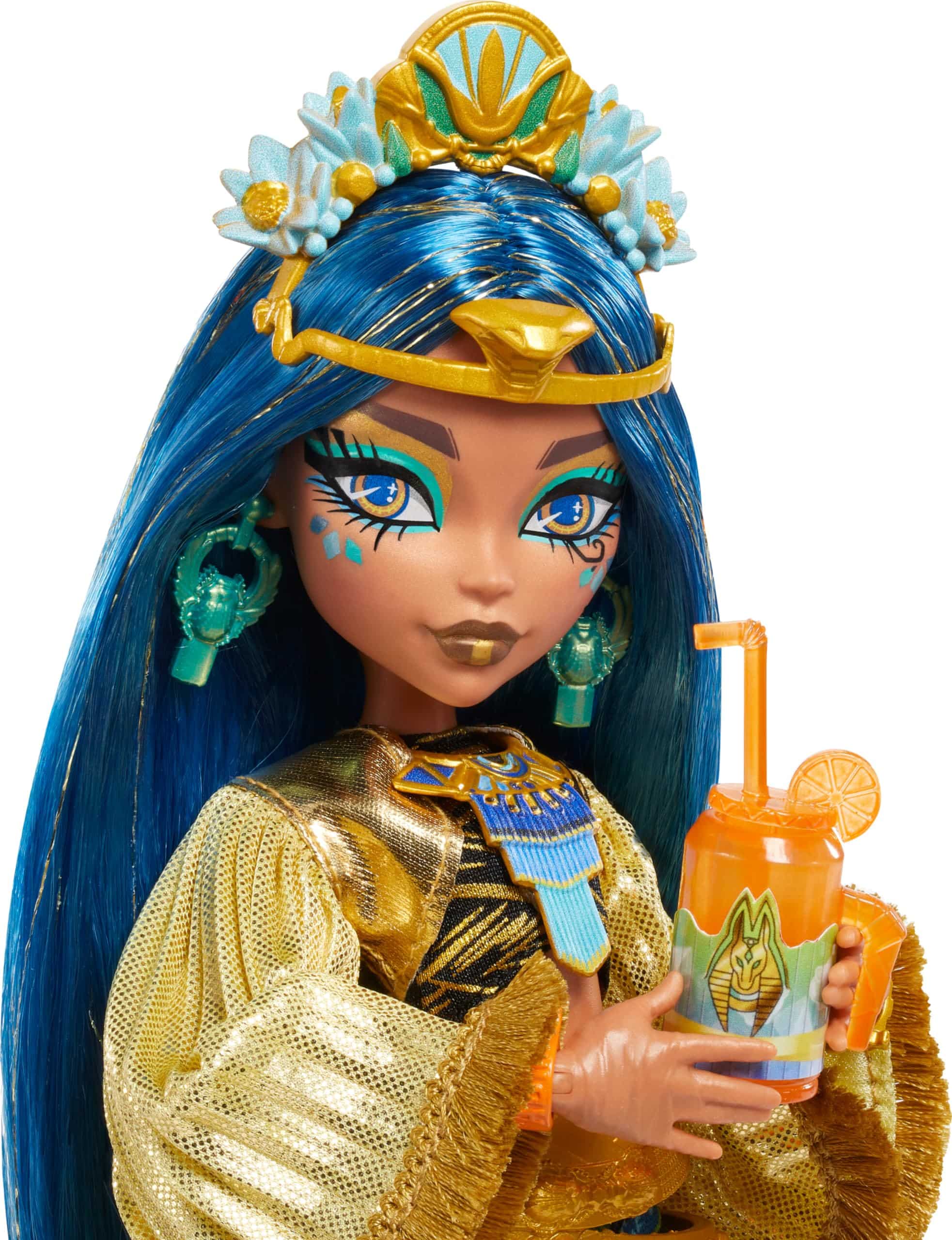 Regal blue-haired doll in golden gown sipping orange drink, merging elegance with playful charm.