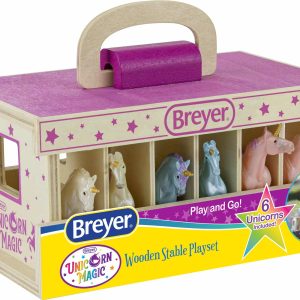 Breyer Unicorn Playset: Colorful wooden stable with six unicorns for imaginative play on the go.