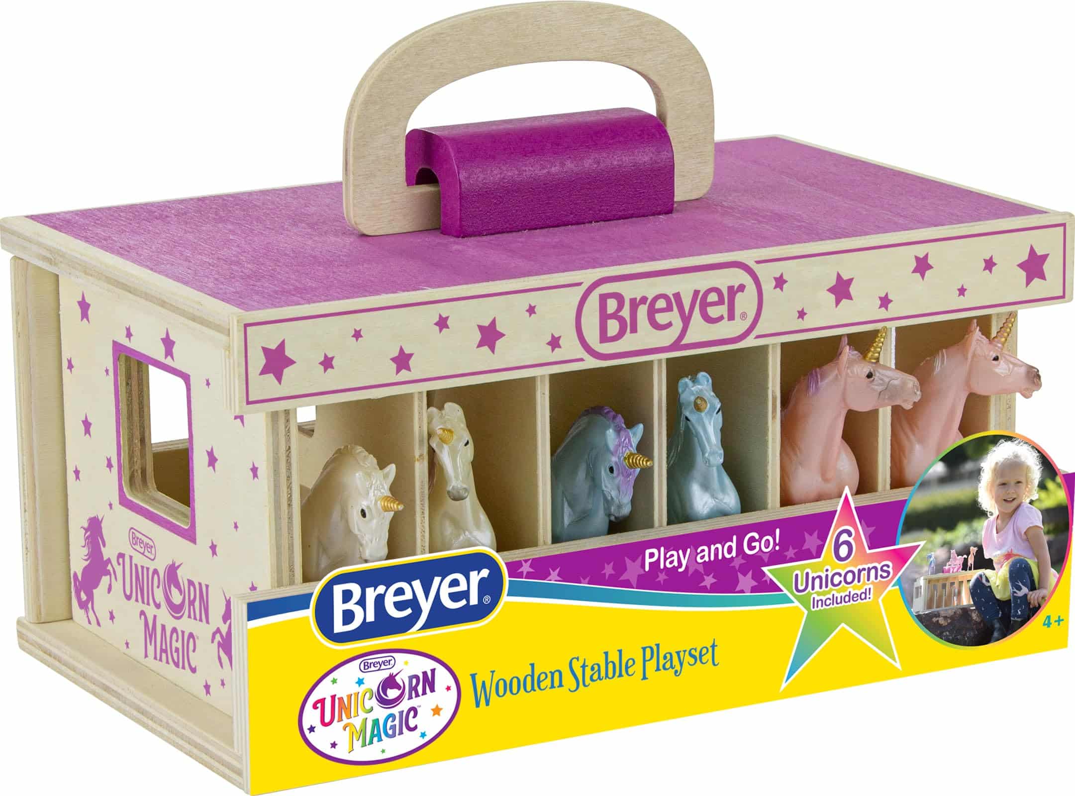 Breyer Unicorn Playset: Colorful wooden stable with six unicorns for imaginative play on the go.