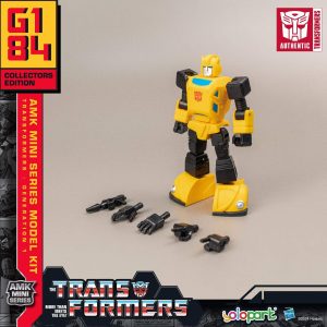 Collectible Bumblebee model kit with customizable accessories, celebrating Transformers G1 nostalgia.