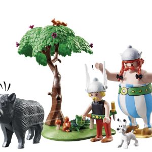 Colorful cartoon scene with a hero, sidekick, and boar in a whimsical adventure.