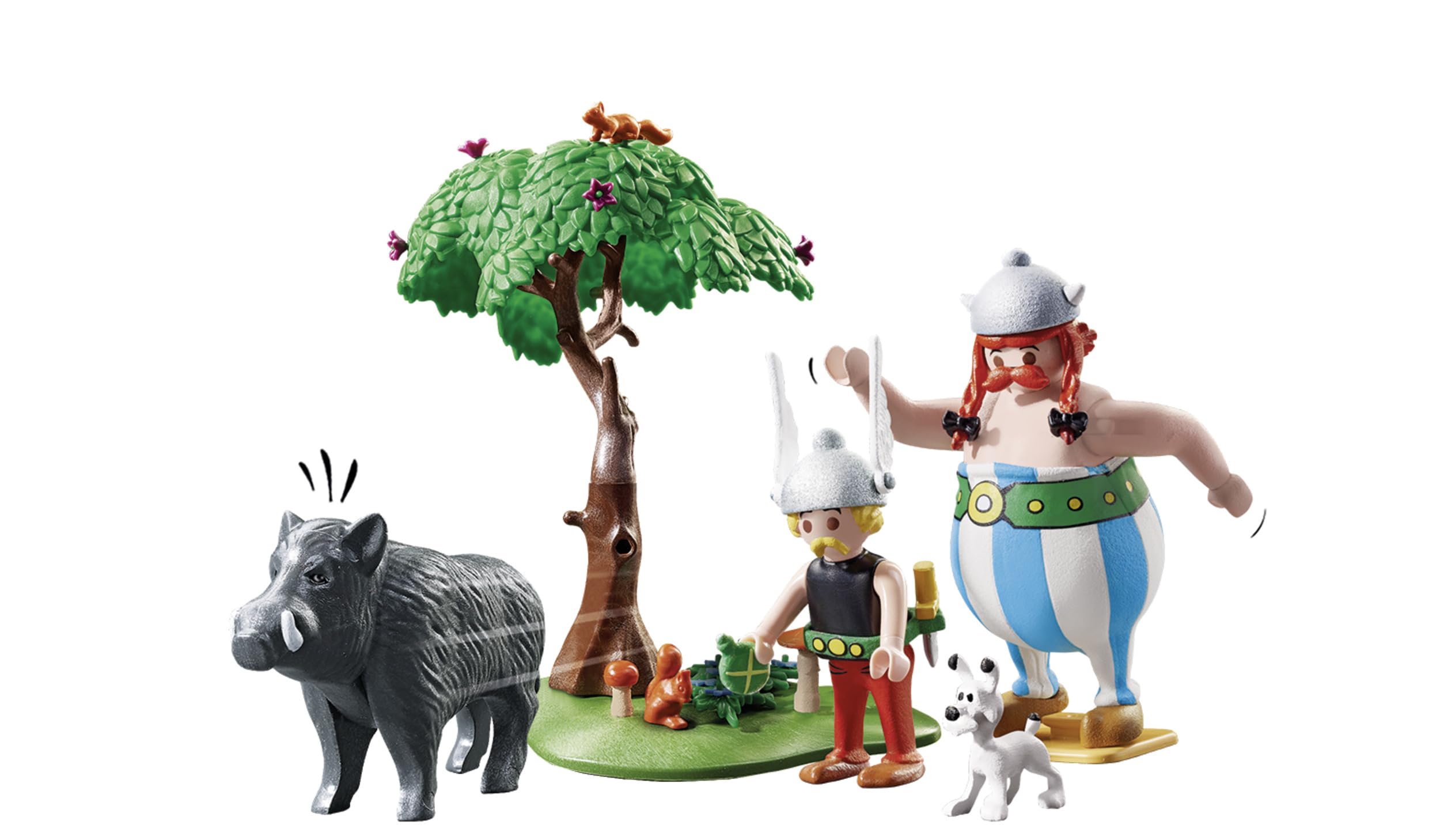Colorful cartoon scene with a hero, sidekick, and boar in a whimsical adventure.