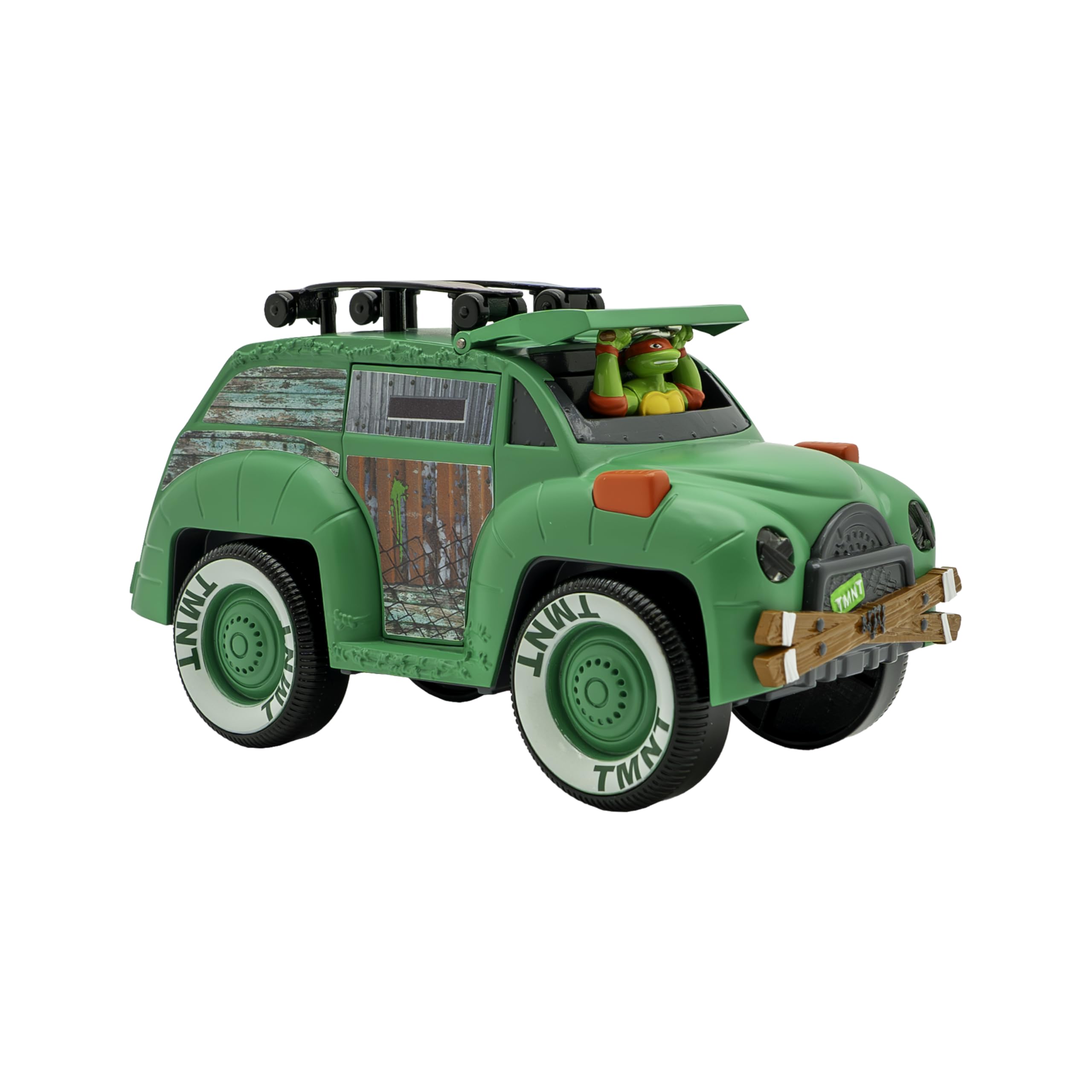 Cheerful green adventure car with playful characters, perfect for imaginative and creative journeys.