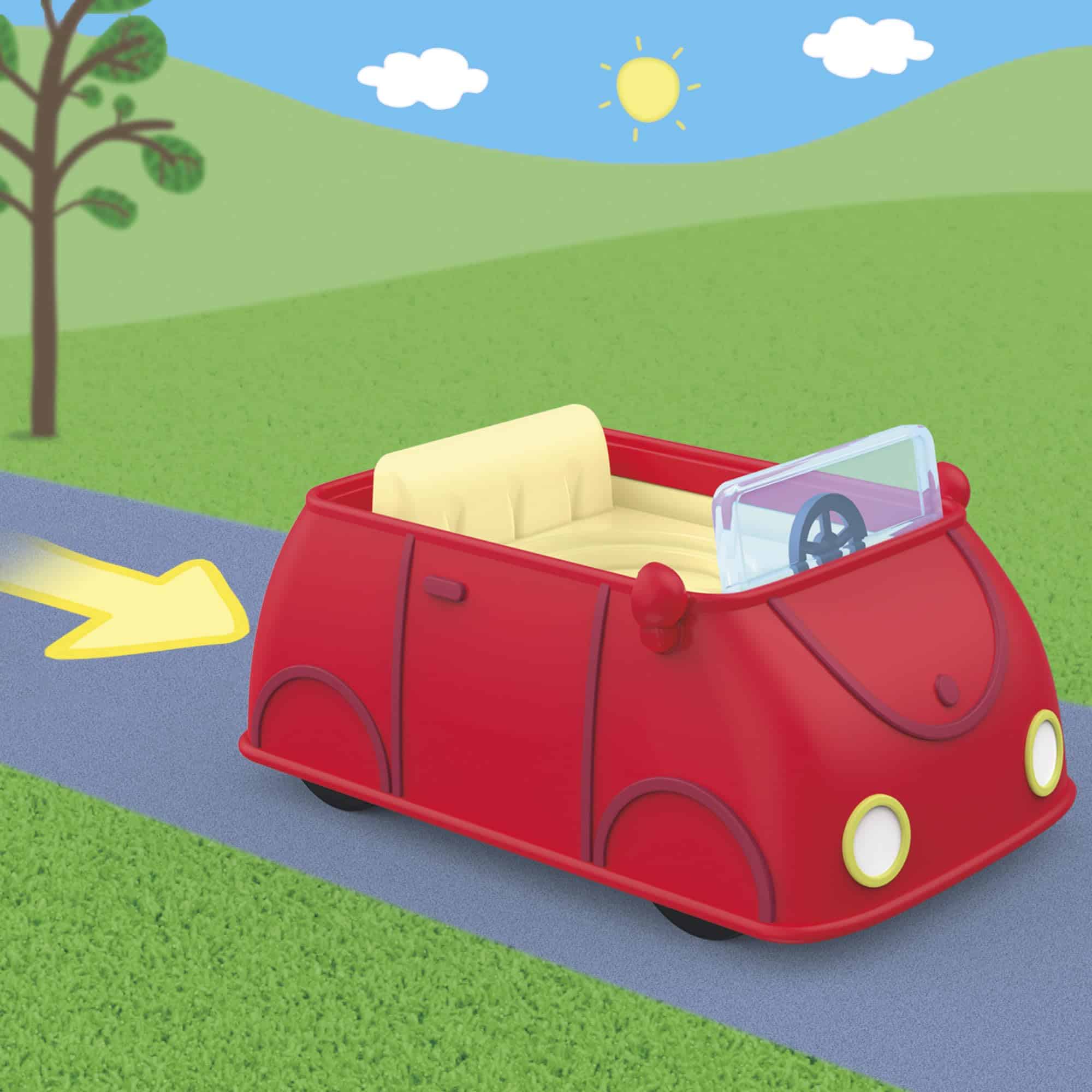 Vibrant red cartoon car on a sunny, winding road through green hills, inviting adventure.