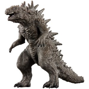 Fierce kaiju figure with muscular build, spiky fins, and menacing expression captures classic monster film charm.