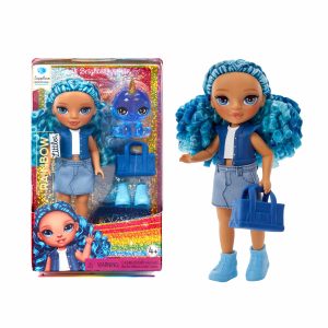 Vibrant doll with blue pigtails and quirky companion, promoting friendship and imaginative play.
