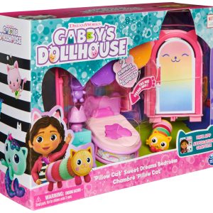 Colorful Gabbys Dollhouse playset packaging, featuring Gabby, plush bed, and adorable cat characters.