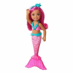 Colorful pink mermaid doll with shimmering tail, perfect for imaginative play and underwater adventures.