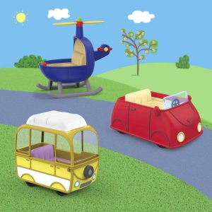 Whimsical toy vehicles in a colorful landscape inspire joyful adventures and imaginative play for children.