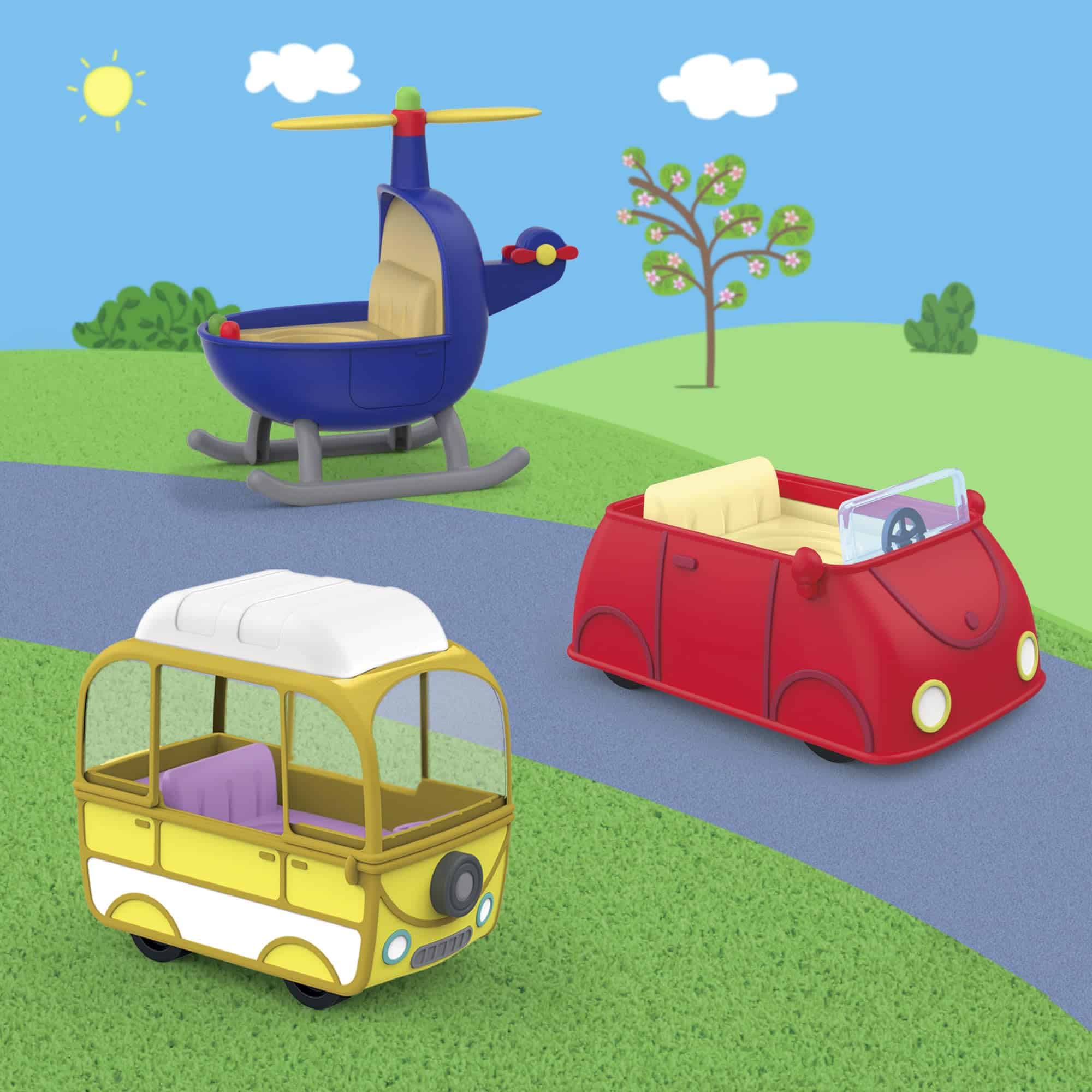 Whimsical toy vehicles in a colorful landscape inspire joyful adventures and imaginative play for children.
