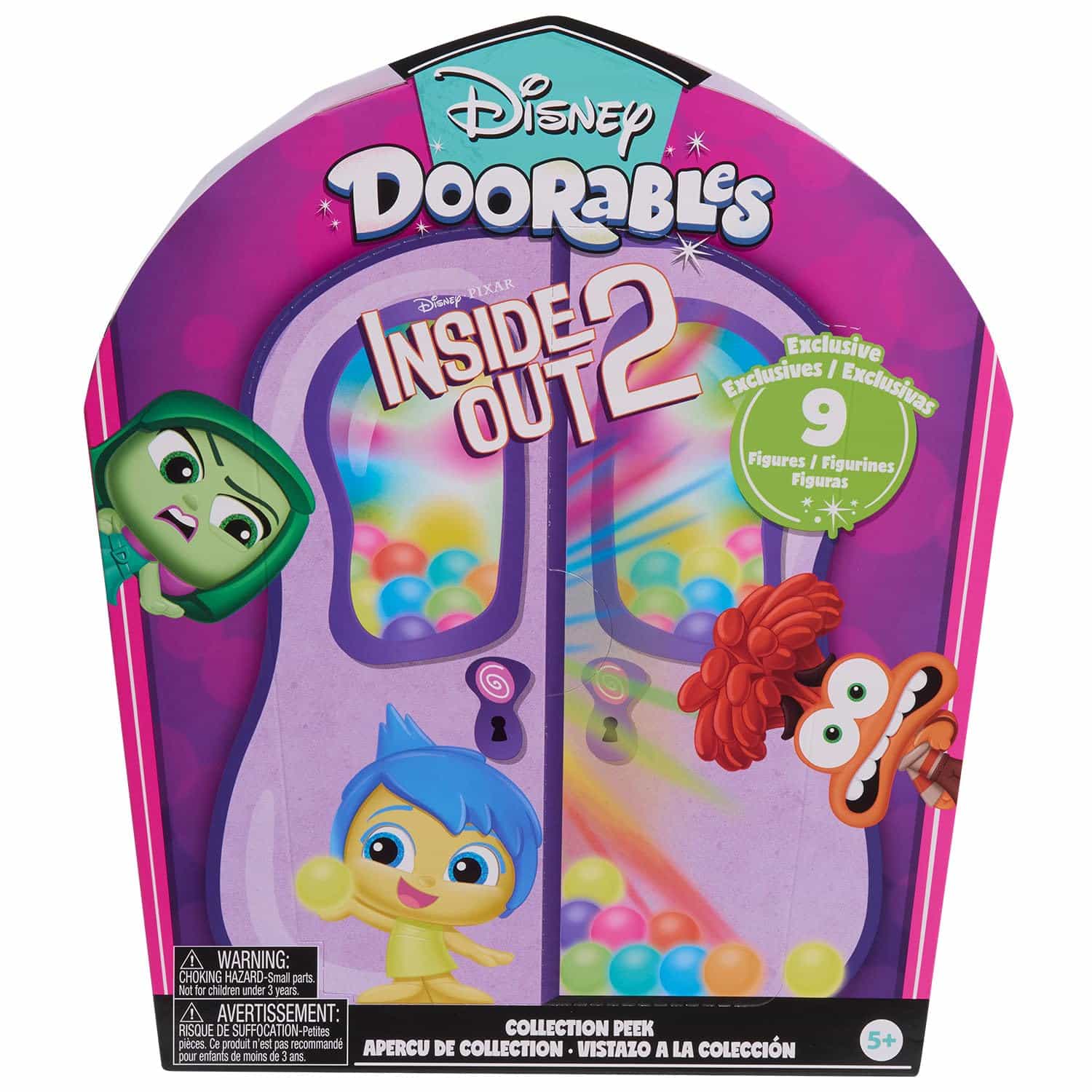 Disney Doorables Inside Out Emotion Collection featuring Joy, Anger, and Disgust in vibrant packaging.