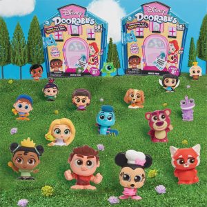 Colorful Disney Doorables figures in a whimsical outdoor scene, perfect for play and nostalgia.