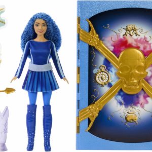 Vibrant fantasy doll set with blue curls, accessories, and an ornate storytelling playset.