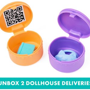 Vibrant dollhouse accessories await in colorful containers for exciting unboxing fun!