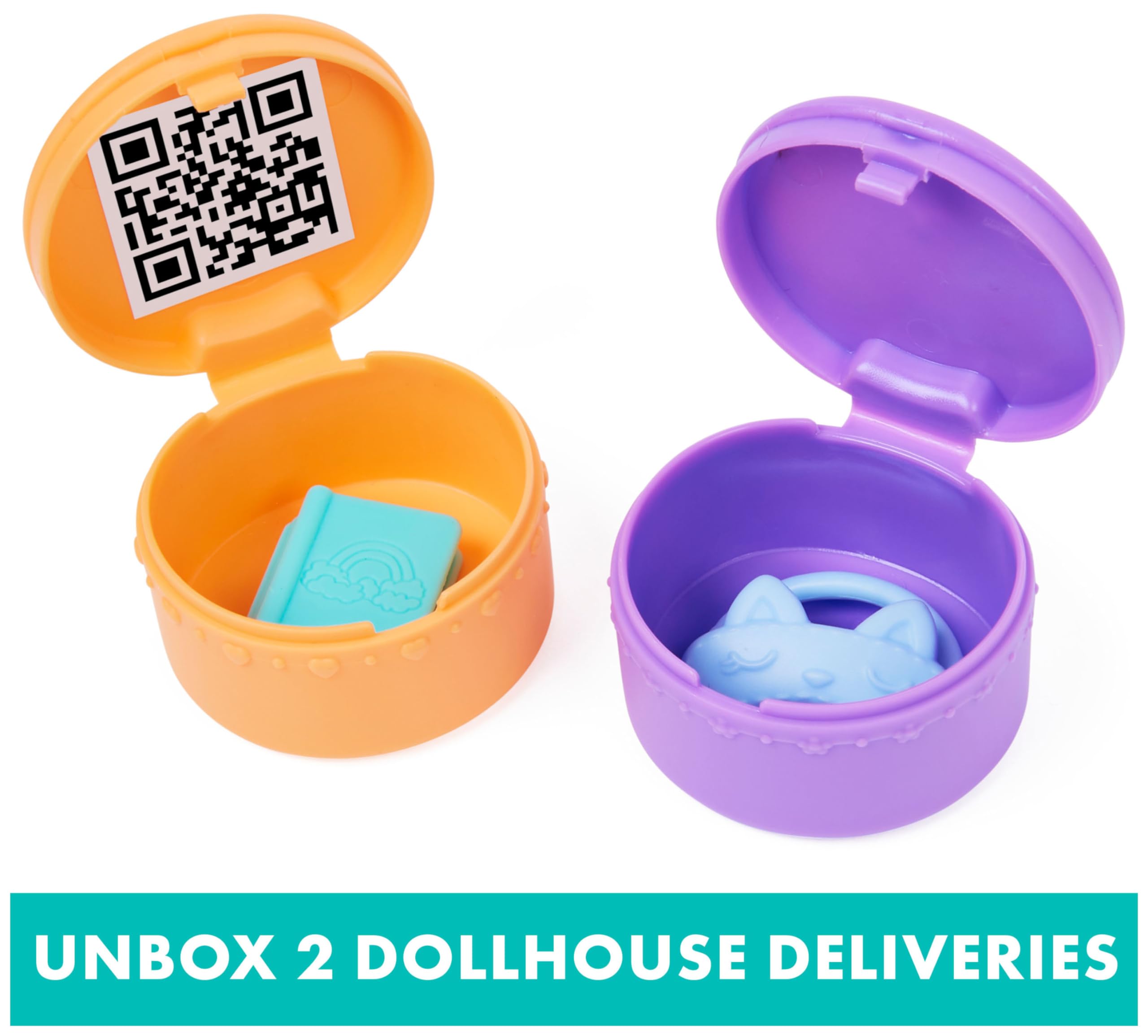 Vibrant dollhouse accessories await in colorful containers for exciting unboxing fun!