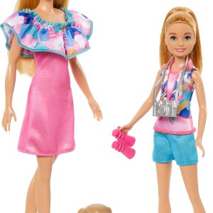 Colorful dolls in stylish outfits explore friendship and adventure with playful dogs in vibrant scene.