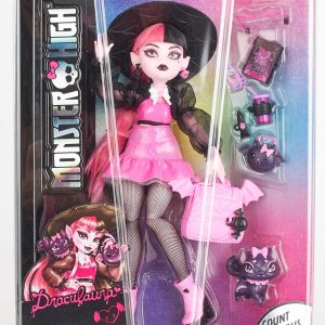 Vibrant Draculaura doll with stylish vampire accessories from the Monster High collection.