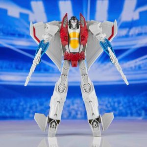 Futuristic robot figure with dynamic wings and sleek design, set against a vibrant blue backdrop.