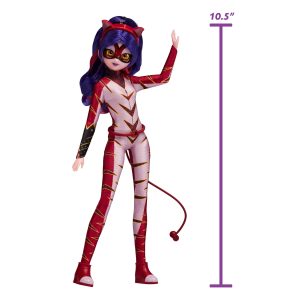 Vibrant superhero doll with purple hair, playful design, and bold red and white outfit.