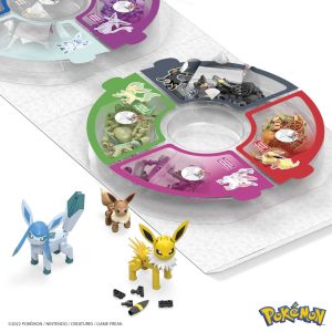 Eevee evolution wheel featuring colorful Jolteon and Glaceon figures in vibrant segments.