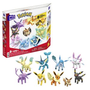 Eevee and colorful evolution figures set, including Vaporeon, Jolteon, and Flareon collectibles.