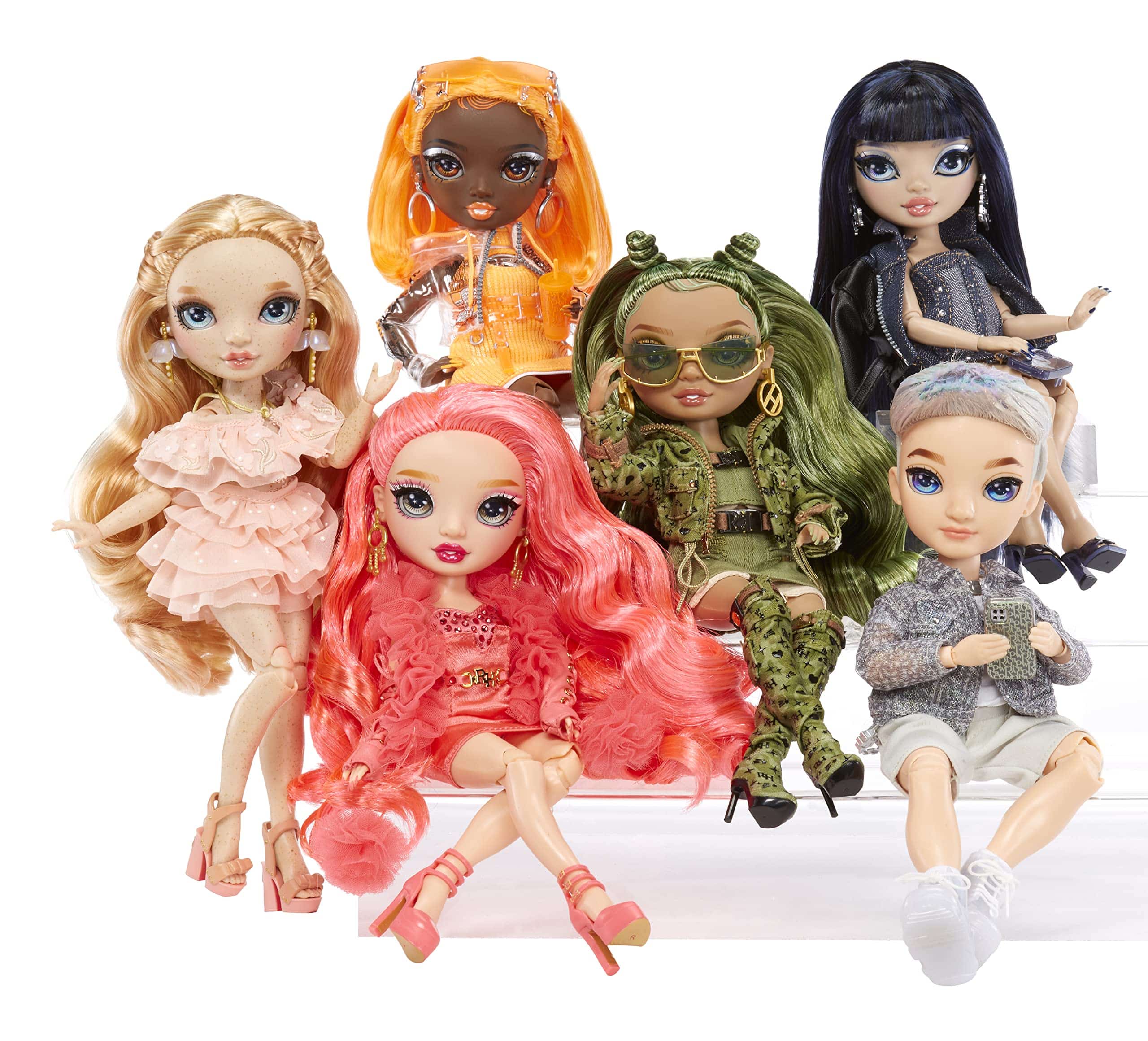 Diverse fashion dolls in vibrant styles celebrate creativity and modern trends in a playful ensemble.