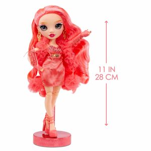 Vibrant 11-inch pink-haired doll in shiny dress, perfect for fashion play and collection.